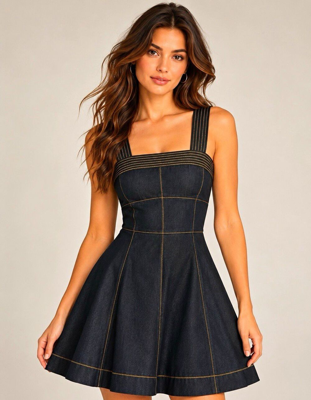 BCBG square neck Denim Fit & Flare Mini Dress Size 6 swing retro cute!